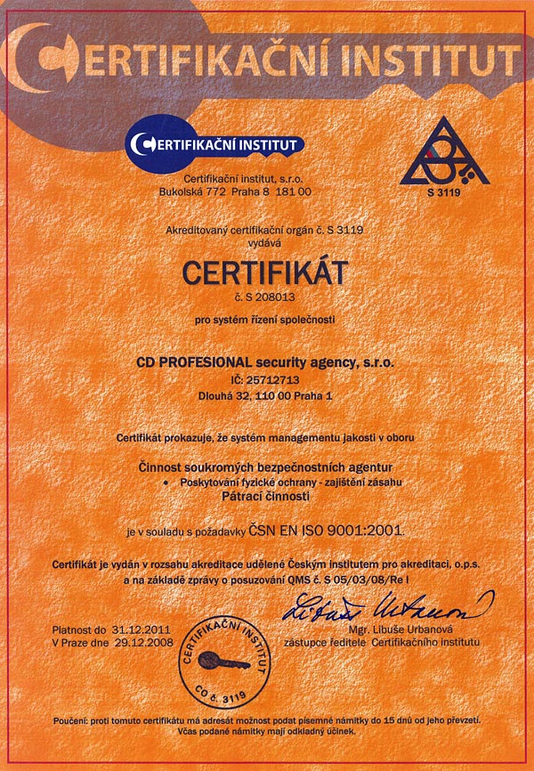 Certifikát ČSN EN ISO 9001:2001